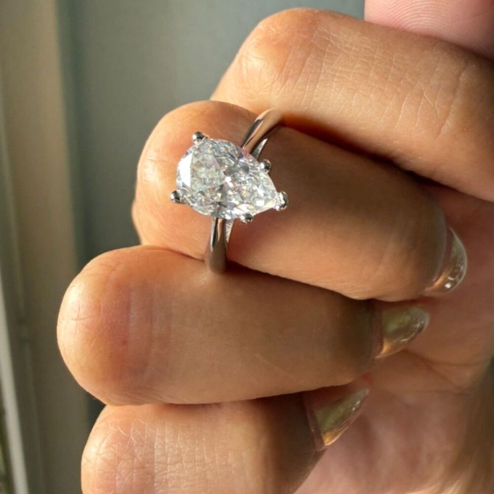 2CT Pear Cut Moissanite Solitaire Ring Rhodium Plated Size 6